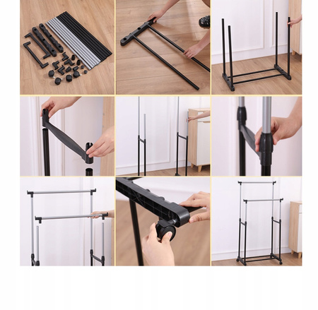 WIESZAK PODWÓJNY STOJĄCY NA KÓŁKACH UBRANIA KURTKI STOJAK NA OBUWIE BUTY