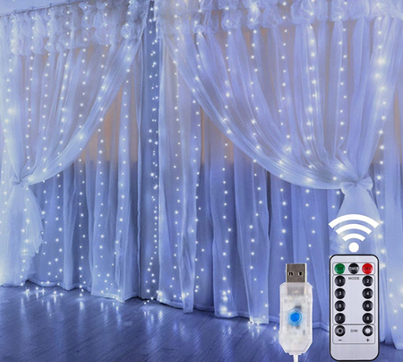 GIRLANDA OGRODOWA LAMPKI KURTYNA ŚWIETLNA 300 LED DRUCIKI 3x3m + PILOT USB