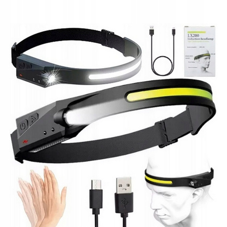 MOCNA LATARKA CZOŁOWA LED REFLEKTOR NA GŁOWĘ COB CZOŁÓWKA USB CZUJNIK RUCHU