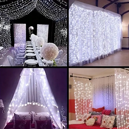 GIRLANDA OGRODOWA LAMPKI KURTYNA ŚWIETLNA 300 LED DRUCIKI 3x3m + PILOT USB