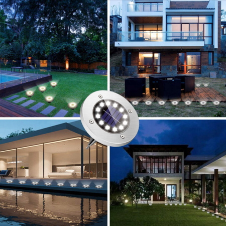 12x LAMPA SOLARNA OGRODOWA GRUNTOWA WBIJANA NAJAZDOWA 16 LED ŚWIECĄCY DYSK