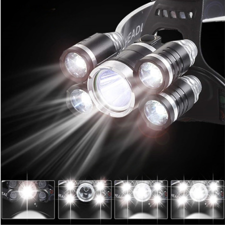 MOCNA LATARKA CZOŁOWA 5x LED CREE XM-L T6 LAMPKA CZOŁÓWKA NA GŁOWĘ 2x AKU