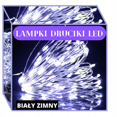 GIRLANDA ŚWIETLNA DRUCIKI 100 LED NA BATERIE BIAŁE ZIMNE 10M LAMPKI