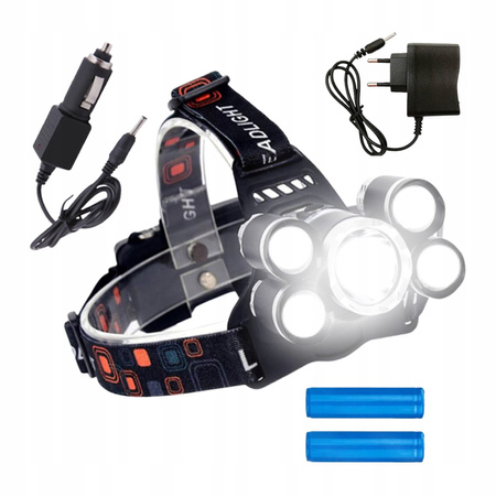 MOCNA LATARKA CZOŁOWA 5x LED CREE XM-L T6 LAMPKA CZOŁÓWKA NA GŁOWĘ 2x AKU