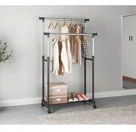 WIESZAK PODWÓJNY STOJĄCY NA KÓŁKACH UBRANIA KURTKI STOJAK NA OBUWIE BUTY