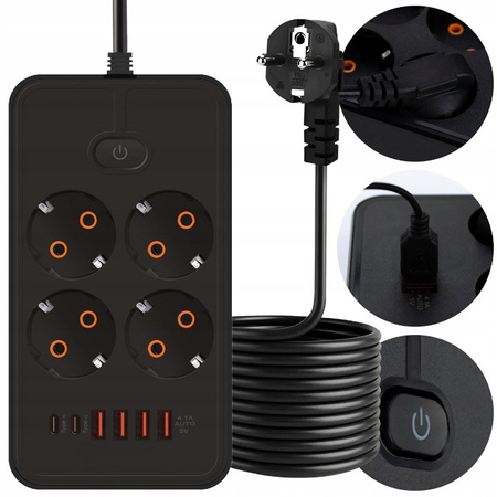 Listwa Zasilająca 5m Przedłużacz 4 Gniazda USB Antyprzepięciowa Włącznikiem