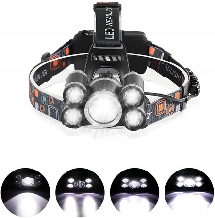MOCNA LATARKA CZOŁOWA 5x LED CREE XM-L T6 LAMPKA CZOŁÓWKA NA GŁOWĘ 2x AKU