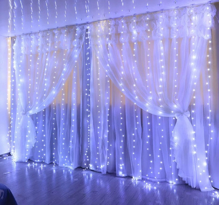KURTYNA ŚWIETLNA LAMPKI 300 LED 3x3m SOPLE WISZĄCE GIRLANDA DRUCIKI BIAŁY