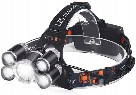 MOCNA LATARKA CZOŁOWA 5x LED CREE XM-L T6 LAMPKA CZOŁÓWKA NA GŁOWĘ 2x AKU