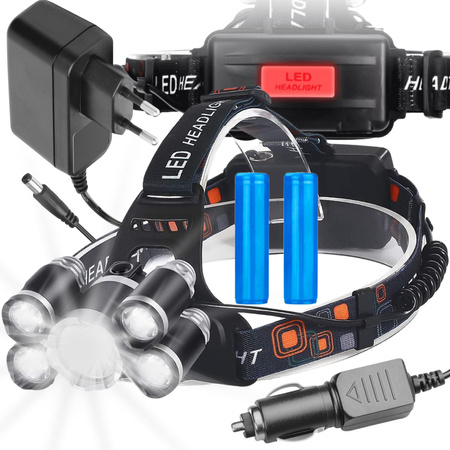 MOCNA LATARKA CZOŁOWA 5x LED CREE XM-L T6 LAMPKA CZOŁÓWKA NA GŁOWĘ 2x AKU