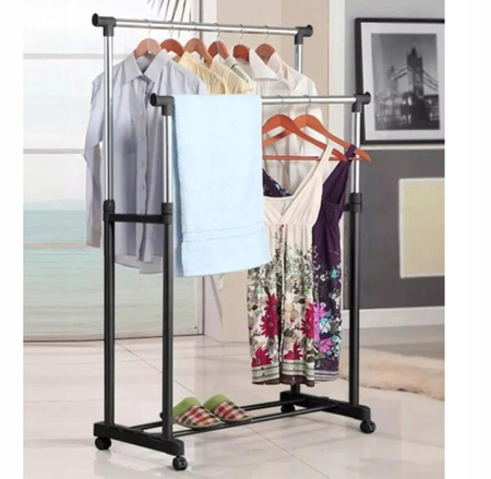 WIESZAK PODWÓJNY STOJĄCY NA KÓŁKACH UBRANIA KURTKI STOJAK NA OBUWIE BUTY