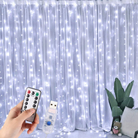 GIRLANDA OGRODOWA LAMPKI KURTYNA ŚWIETLNA 300 LED DRUCIKI 3x3m + PILOT USB