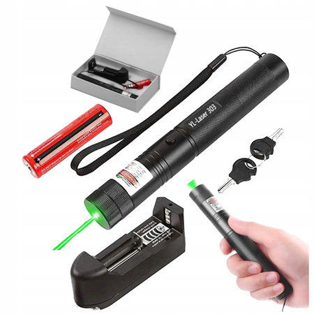 MOCNY WSKAŹNIK LASEROWY LASER POINTER ZIELONY AKU + ŁADOWARKA I NAKŁADKA