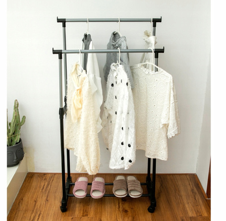 WIESZAK PODWÓJNY STOJĄCY NA KÓŁKACH UBRANIA KURTKI STOJAK NA OBUWIE BUTY