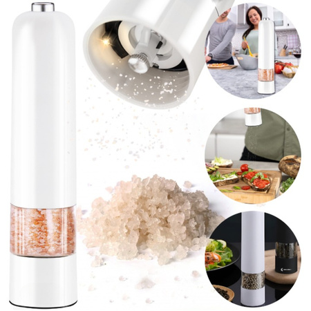 MŁYNEK ELEKTRYCZNY DO SOLI I PIEPRZU LED 2W1 DO PRZYPRAW REGULACJA BIAŁY
