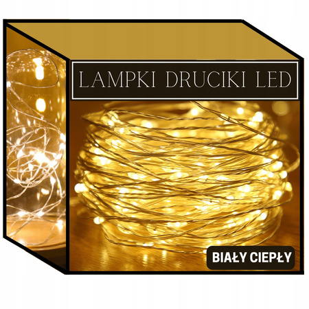 LAMPKI DRUCIKI 100 LED NA BATERIE BIAŁE CIEPŁE 10M GIRLANDA ŚWIĄTECZNA