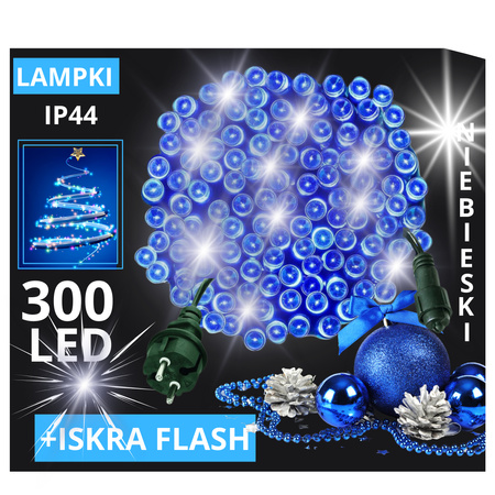 LAMPKI CHOINKOWE 300 LED ZEWNĘTRZNE STAŁE FLASH IP44 GRUBY KABEL NIEBIESKIE