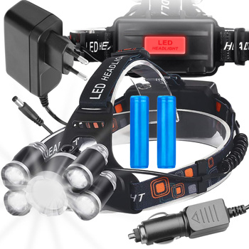MOCNA LATARKA CZOŁOWA 5x LED CREE XM-L T6 LAMPKA CZOŁÓWKA NA GŁOWĘ 2x AKU