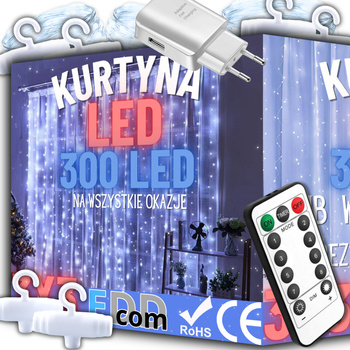 GIRLANDA OGRODOWA LAMPKI KURTYNA ŚWIETLNA 300 LED DRUCIKI 3x3m + PILOT USB