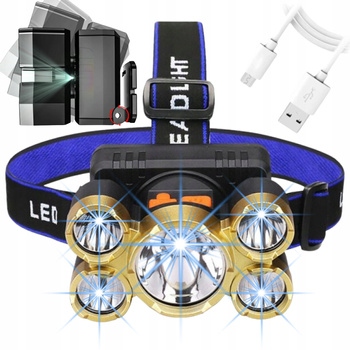 LATARKA CZOŁOWA 5x LED CZOŁÓWKA MOCNA LAMPKA CREE T6 NA GŁOWĘ AKUMULATOROWA