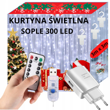 KURTYNA ŚWIETLNA LAMPKI 300 LED 3x3m SOPLE WISZĄCE GIRLANDA DRUCIKI BIAŁY