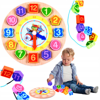 SORTER DREWNIANY ZEGAR KLOCKI KORALIKI DO NAWLEKANIA UKŁADANKA EDUKACYJNA