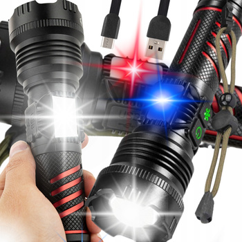 MOCNA Latarka LED Taktyczna Wojskowa SZPERACZ Wodoodporna AKU USB POWERBANK