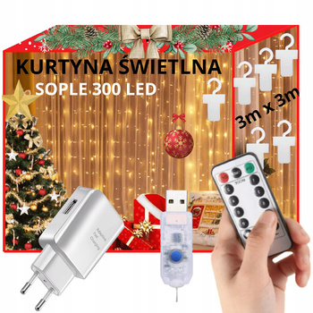 KURTYNA ŚWIETLNA 300 LED 3x3m SOPLE LAMPKI GIRLANDA PILOT DRUCIKI BIAŁE