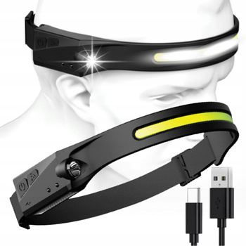 MOCNA LATARKA CZOŁOWA PASEK LED REFLEKTOR NA GŁOWĘ COB AKUMULATOR CZOŁÓWKA