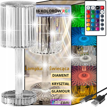 LAMPA KRYSZTAŁOWA LED LAMPKA NOCNA DOTYKOWA DIAMENTOWA KOLOROWA RGB + PILOT