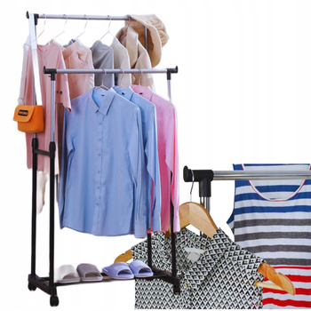 WIESZAK PODWÓJNY STOJĄCY NA KÓŁKACH UBRANIA KURTKI STOJAK NA OBUWIE BUTY